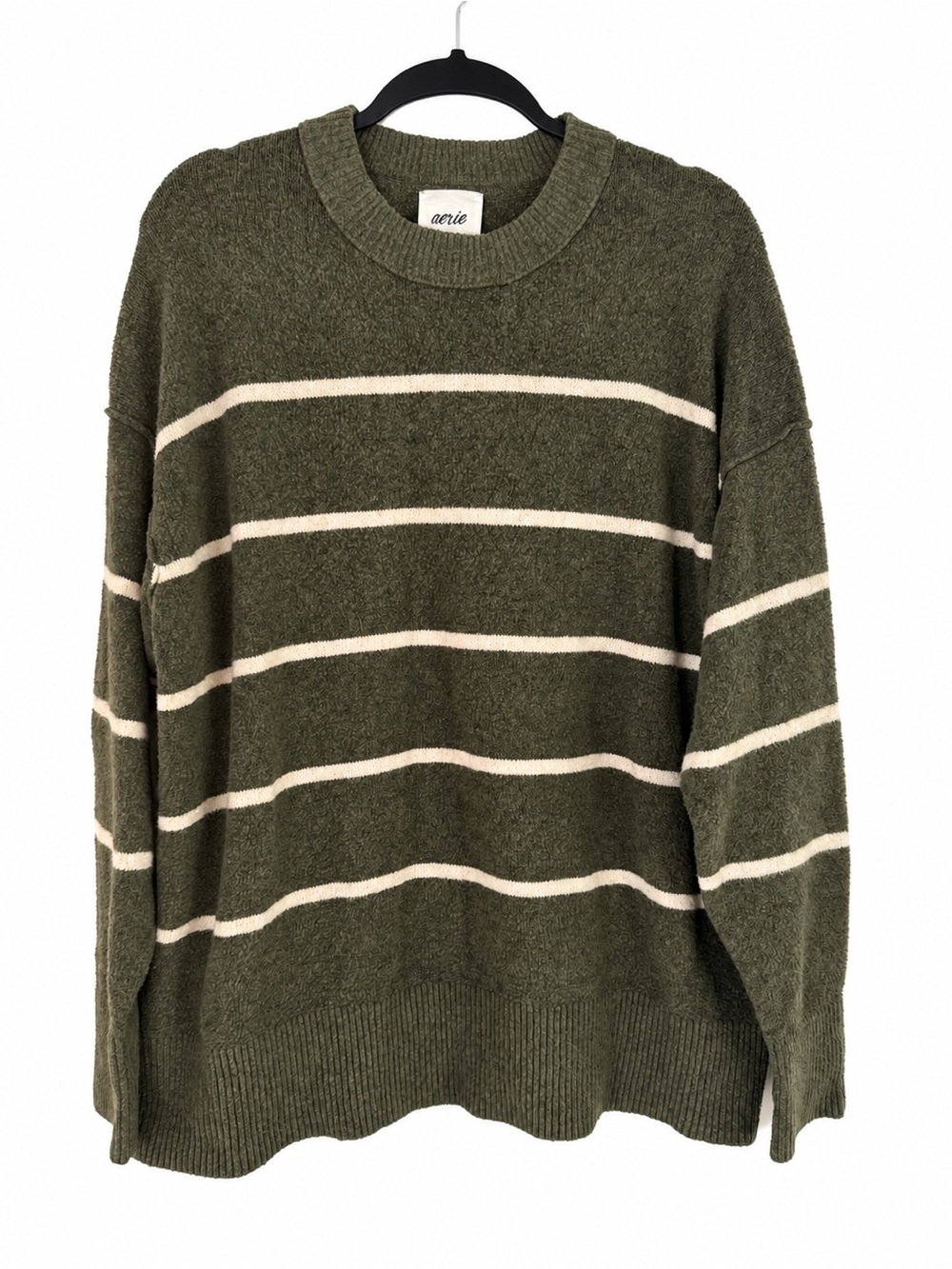 Aerie Olive Green Ivory Stripe Oversize Crewneck Sweater Neutral Cabin Granola M